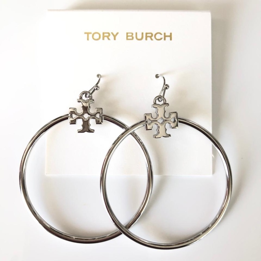 NEW Tory Burch Stacked Hoop Drop Earrings 1.5” Silver or Rose Gold - Picture 7 of 9